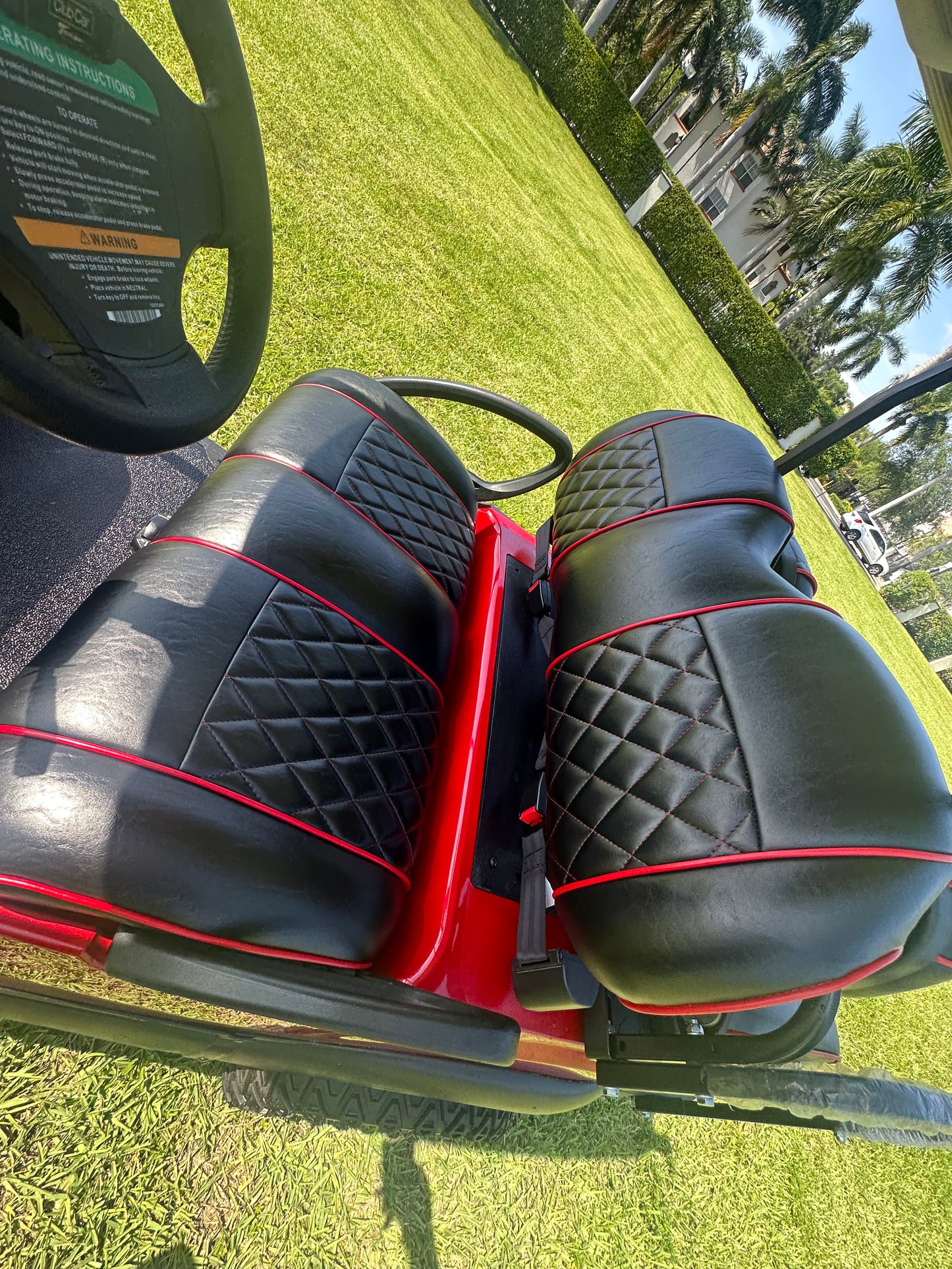 Cutting Edge Golf Carts - 2020 Lamborghini Red Club Car Tempo in Fort Lauderdale, FL. MadJax 6" lift, custom leather seats, rear backseat, Modz wheels, 23" AT tires, MadJax Lux lights, RGB running lights, seatbelts, LED mirrors.