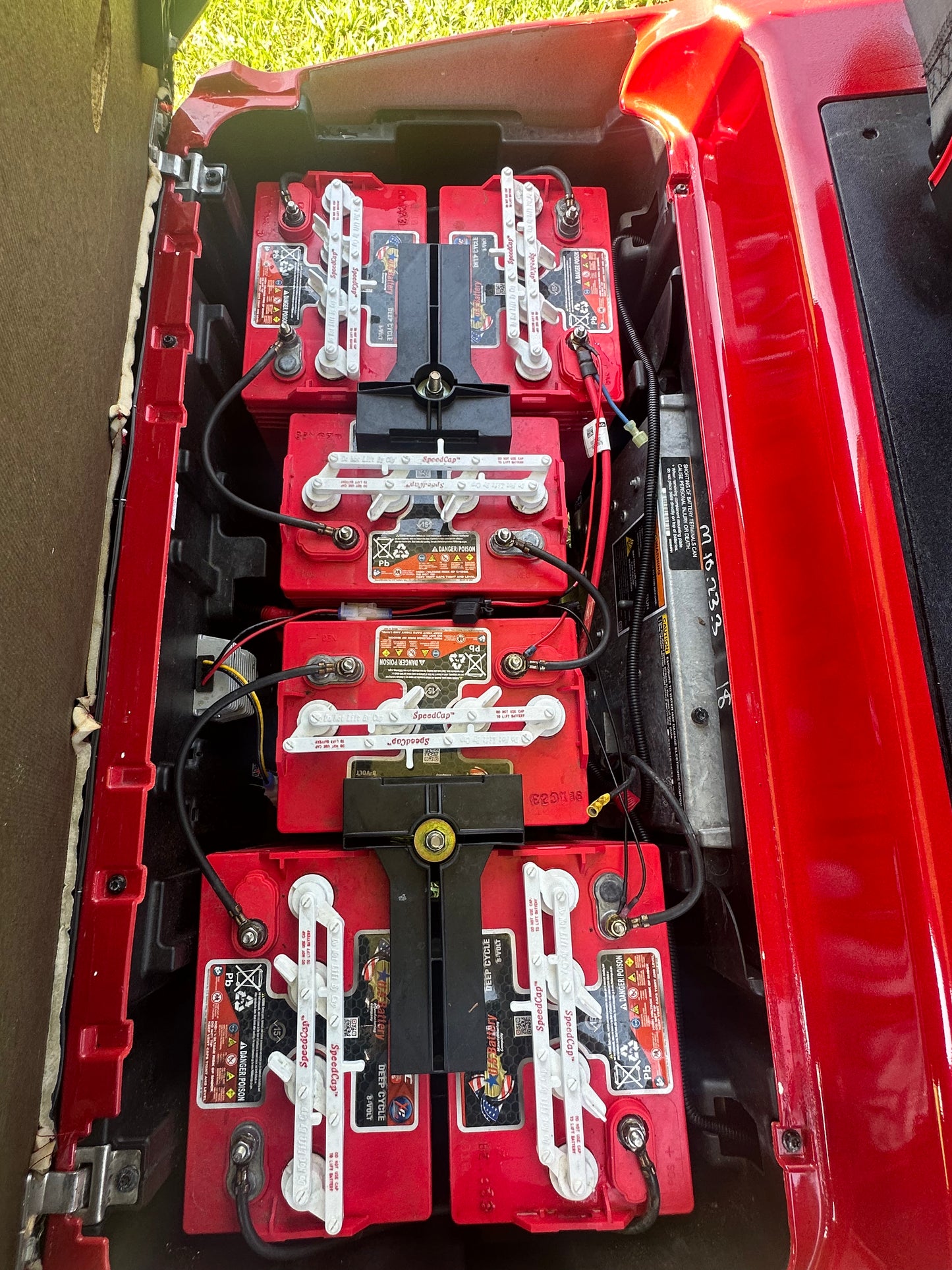 Cutting Edge Golf Carts - 2020 Lamborghini Red Club Car Tempo in Fort Lauderdale, FL. MadJax 6" lift, custom leather seats, rear backseat, Modz wheels, 23" AT tires, MadJax Lux lights, RGB running lights, seatbelts, LED mirrors.