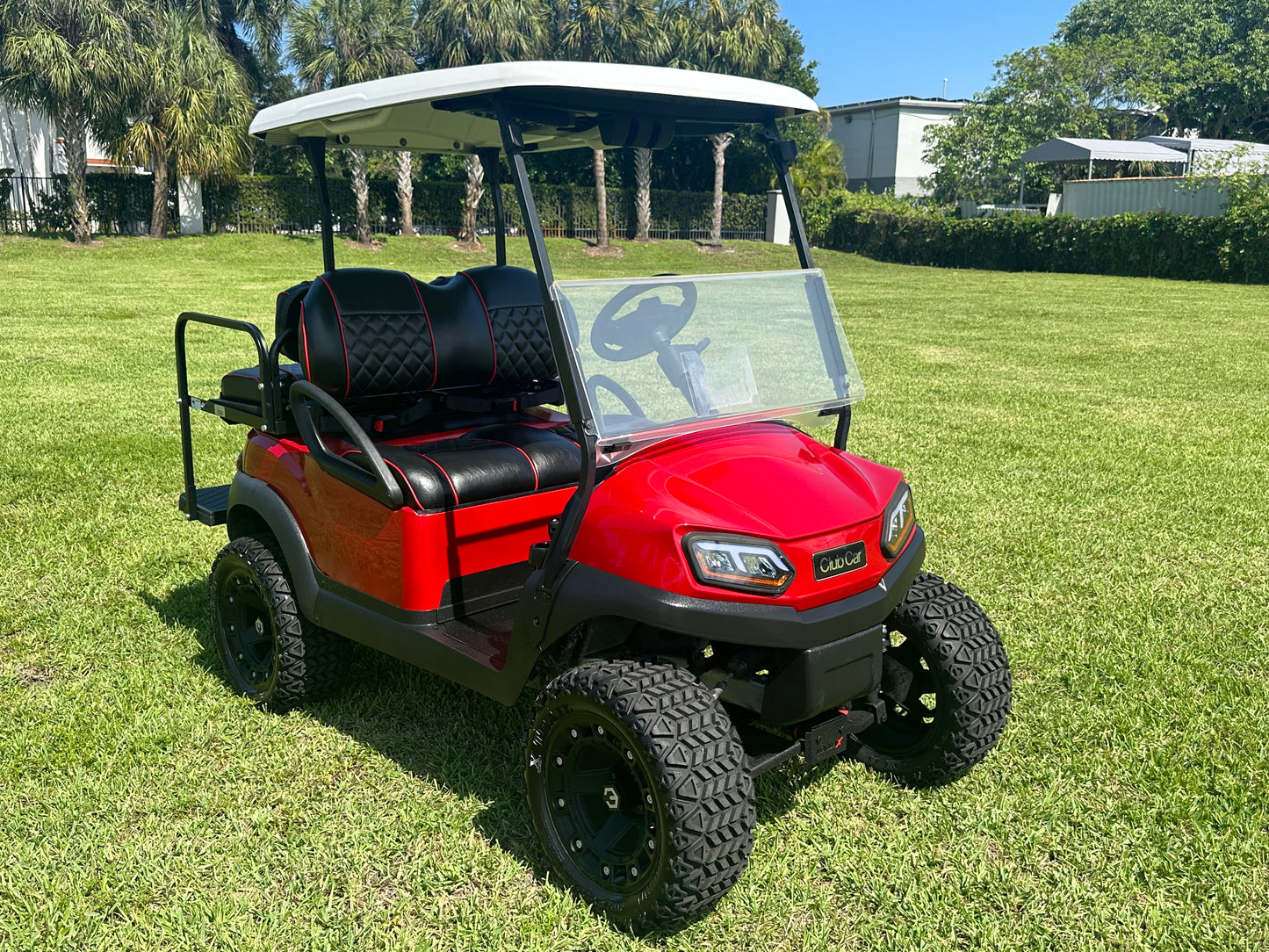 Cutting Edge Golf Carts - 2020 Lamborghini Red Club Car Tempo in Fort Lauderdale, FL. MadJax 6" lift, custom leather seats, rear backseat, Modz wheels, 23" AT tires, MadJax Lux lights, RGB running lights, seatbelts, LED mirrors.