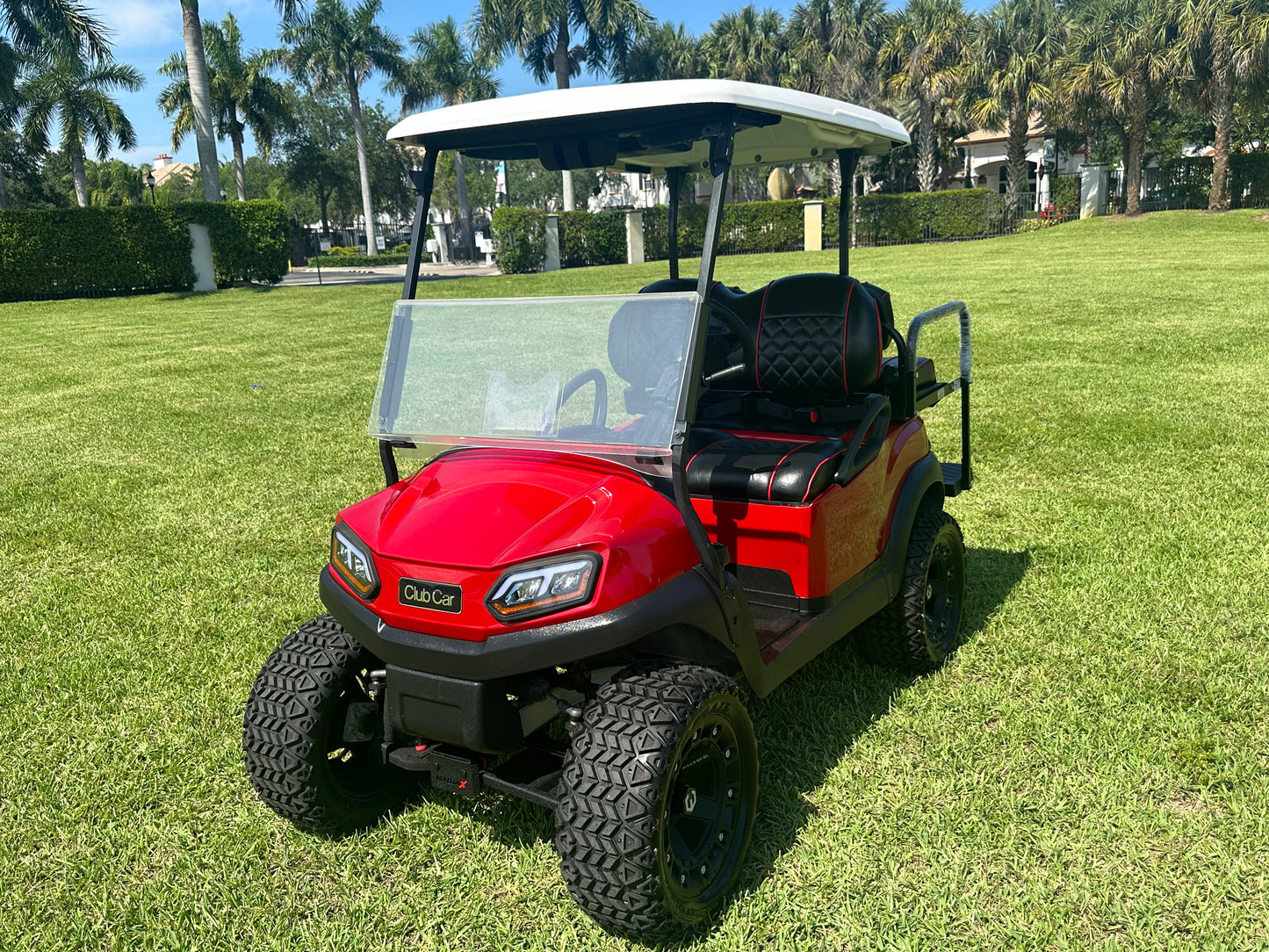 Cutting Edge Golf Carts - 2020 Lamborghini Red Club Car Tempo in Fort Lauderdale, FL. MadJax 6" lift, custom leather seats, rear backseat, Modz wheels, 23" AT tires, MadJax Lux lights, RGB running lights, seatbelts, LED mirrors.