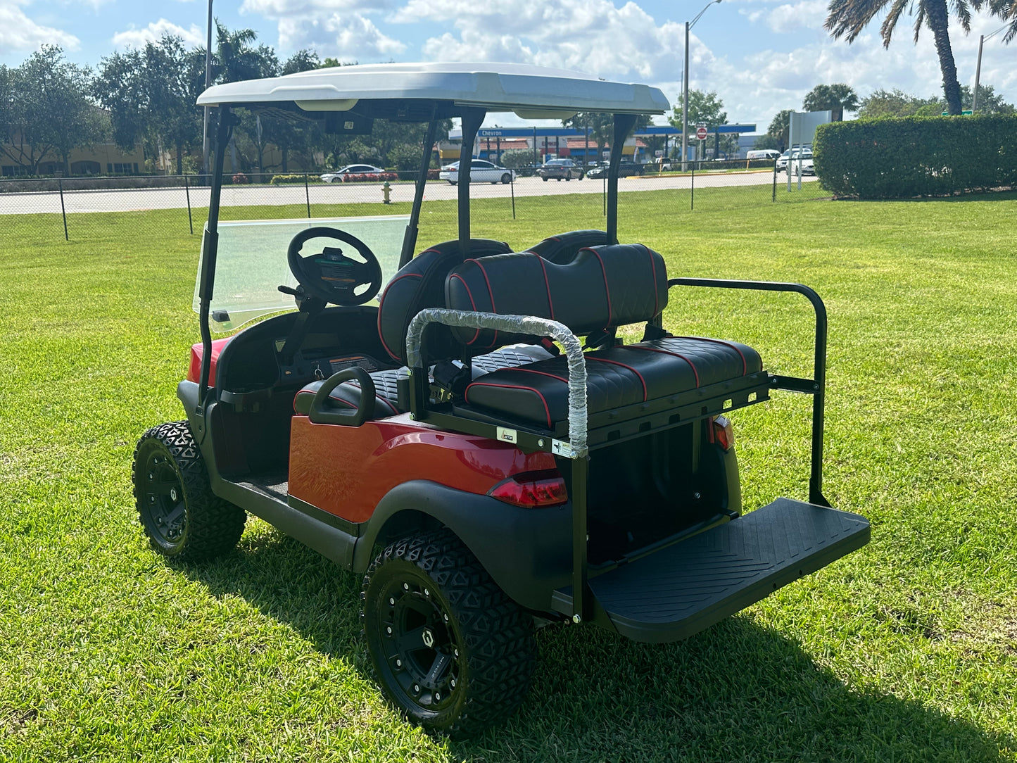 Cutting Edge Golf Carts - 2020 Lamborghini Red Club Car Tempo in Fort Lauderdale, FL. MadJax 6" lift, custom leather seats, rear backseat, Modz wheels, 23" AT tires, MadJax Lux lights, RGB running lights, seatbelts, LED mirrors.