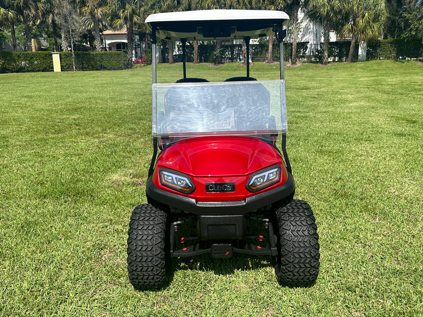 Cutting Edge Golf Carts - 2020 Lamborghini Red Club Car Tempo in Fort Lauderdale, FL. MadJax 6" lift, custom leather seats, rear backseat, Modz wheels, 23" AT tires, MadJax Lux lights, RGB running lights, seatbelts, LED mirrors.