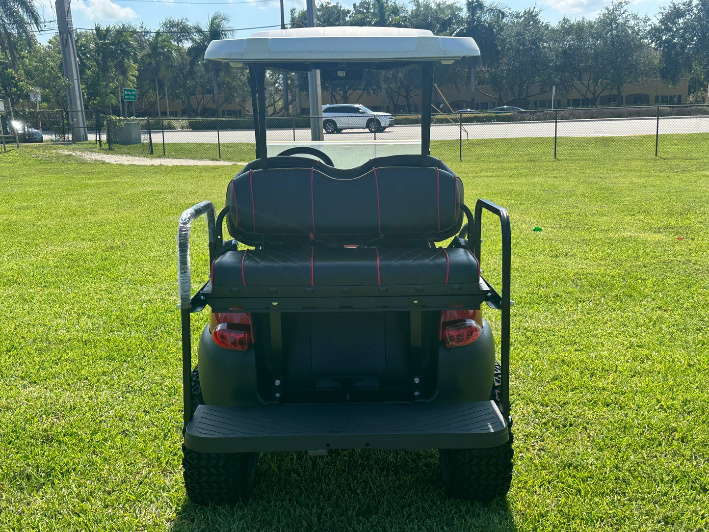 Cutting Edge Golf Carts - 2020 Lamborghini Red Club Car Tempo in Fort Lauderdale, FL. MadJax 6" lift, custom leather seats, rear backseat, Modz wheels, 23" AT tires, MadJax Lux lights, RGB running lights, seatbelts, LED mirrors.