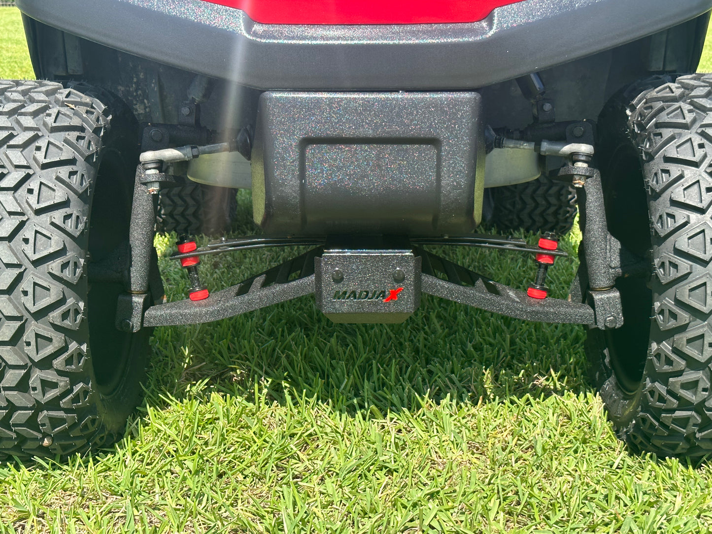 Cutting Edge Golf Carts - 2020 Lamborghini Red Club Car Tempo in Fort Lauderdale, FL. MadJax 6" lift, custom leather seats, rear backseat, Modz wheels, 23" AT tires, MadJax Lux lights, RGB running lights, seatbelts, LED mirrors.