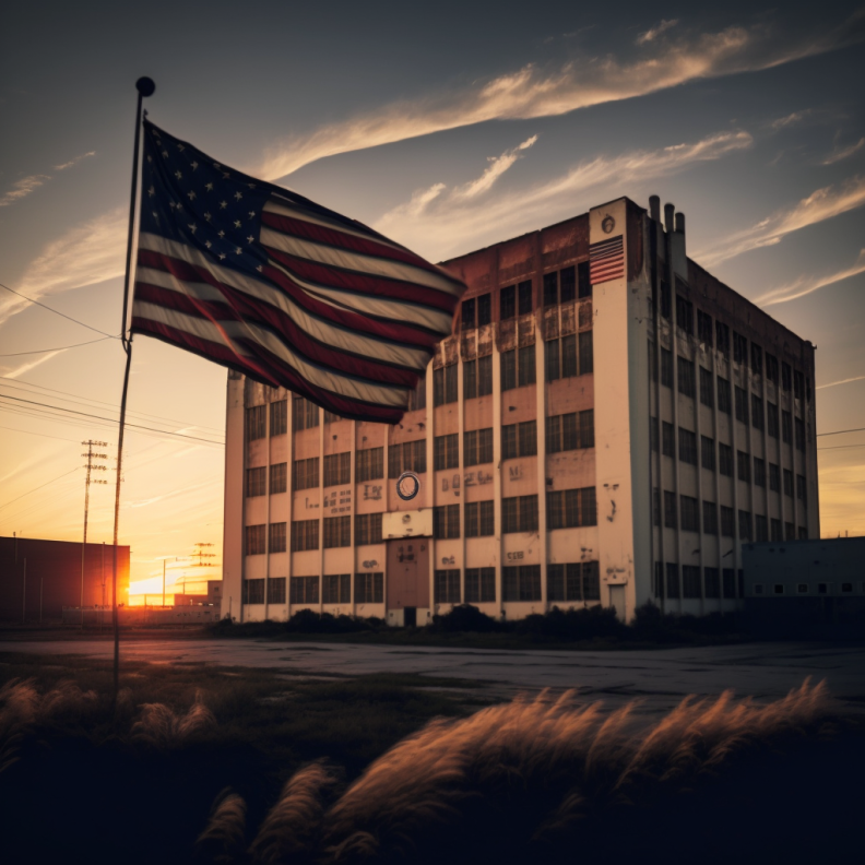 american made golf carts, usa flag, industrial building