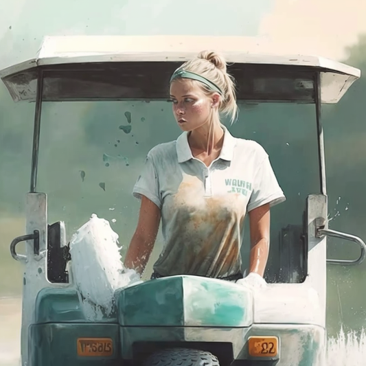 Women washing a golf cart. Can golf carts get wet?