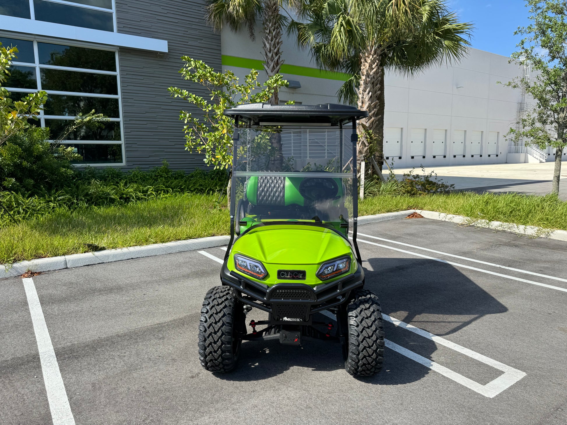 2019 Club Car Tempo - Lamborghini Green golf cart for sale in miami, Florida. RHOX BMF Brush Guard, Custom Seats, 15" Wheels. MObile Golf cart repair
