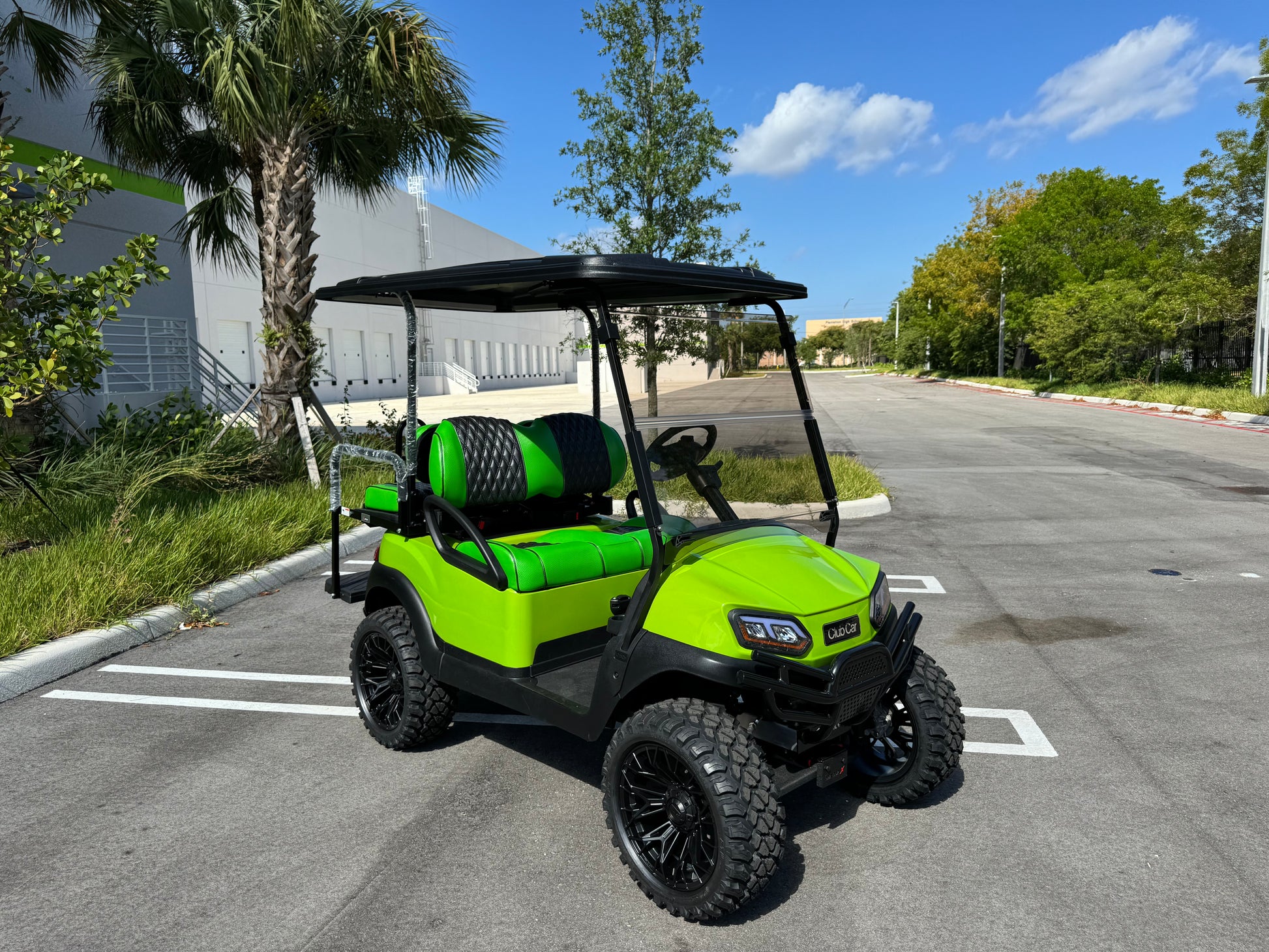 2019 Club Car Tempo - Lamborghini Green golf cart for sale in miami, Florida. RHOX BMF Brush Guard, Custom Seats, 15" Wheels. MObile Golf cart repair
