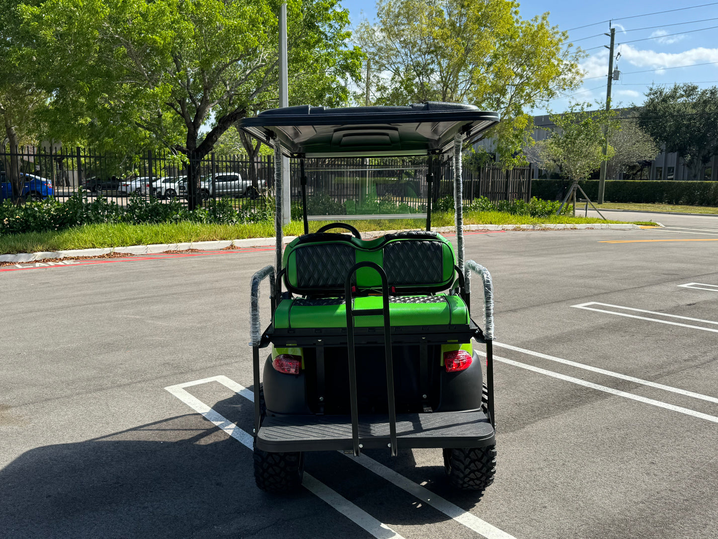 2019 Club Car Tempo - Lamborghini Green golf cart for sale in miami, Florida. RHOX BMF Brush Guard, Custom Seats, 15" Wheels. MObile Golf cart repair
