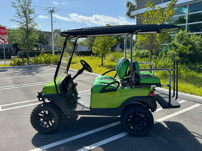 2019 Club Car Tempo - Lamborghini Green golf cart for sale in miami, Florida. RHOX BMF Brush Guard, Custom Seats, 15" Wheels. MObile Golf cart repair
