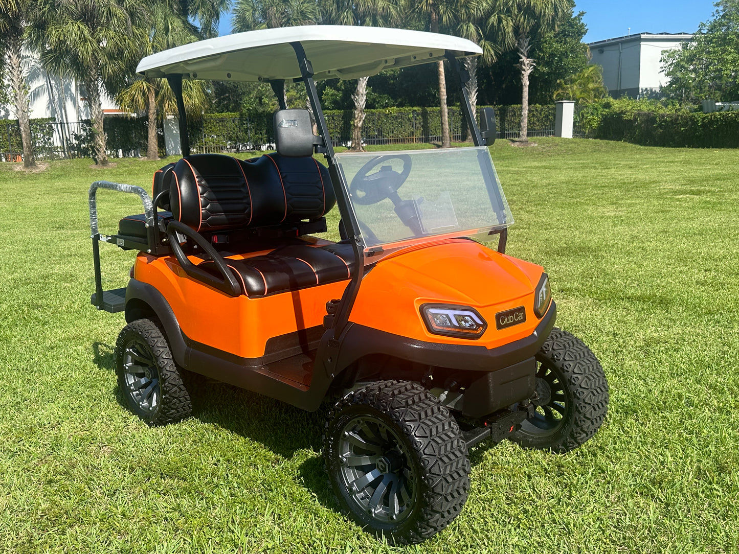 Cutting Edge Golf Carts - 2020 Lamborghini Orange Club Car Tempo in Fort Lauderdale, FL. MadJax 6" lift, custom leather seats, rear fold-down backseat, 14" Modz wheels, 23" AT tires, MadJax Lux lights, RGB running lights, seatbelts, LED mirrors.



