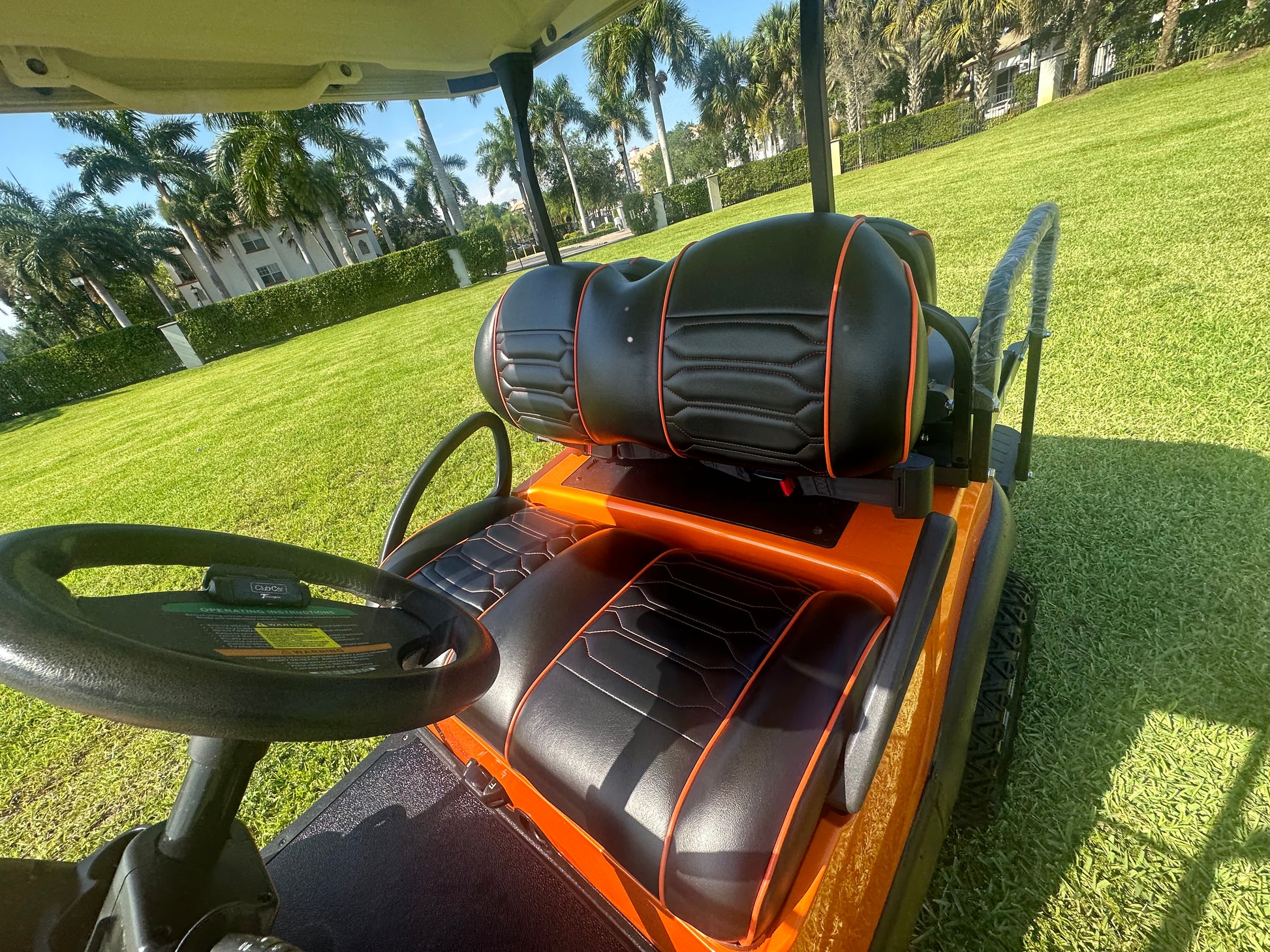 Cutting Edge Golf Carts - 2020 Lamborghini Orange Club Car Tempo in Fort Lauderdale, FL. MadJax 6" lift, custom leather seats, rear fold-down backseat, 14" Modz wheels, 23" AT tires, MadJax Lux lights, RGB running lights, seatbelts, LED mirrors.



