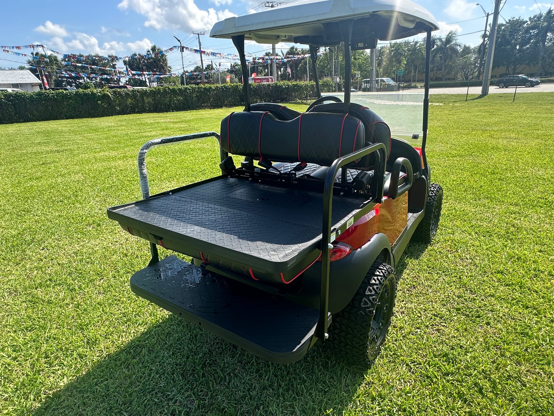 Cutting Edge Golf Carts - 2020 Lamborghini Red Club Car Tempo in Fort Lauderdale, FL. MadJax 6" lift, custom leather seats, rear backseat, Modz wheels, 23" AT tires, MadJax Lux lights, RGB running lights, seatbelts, LED mirrors.



