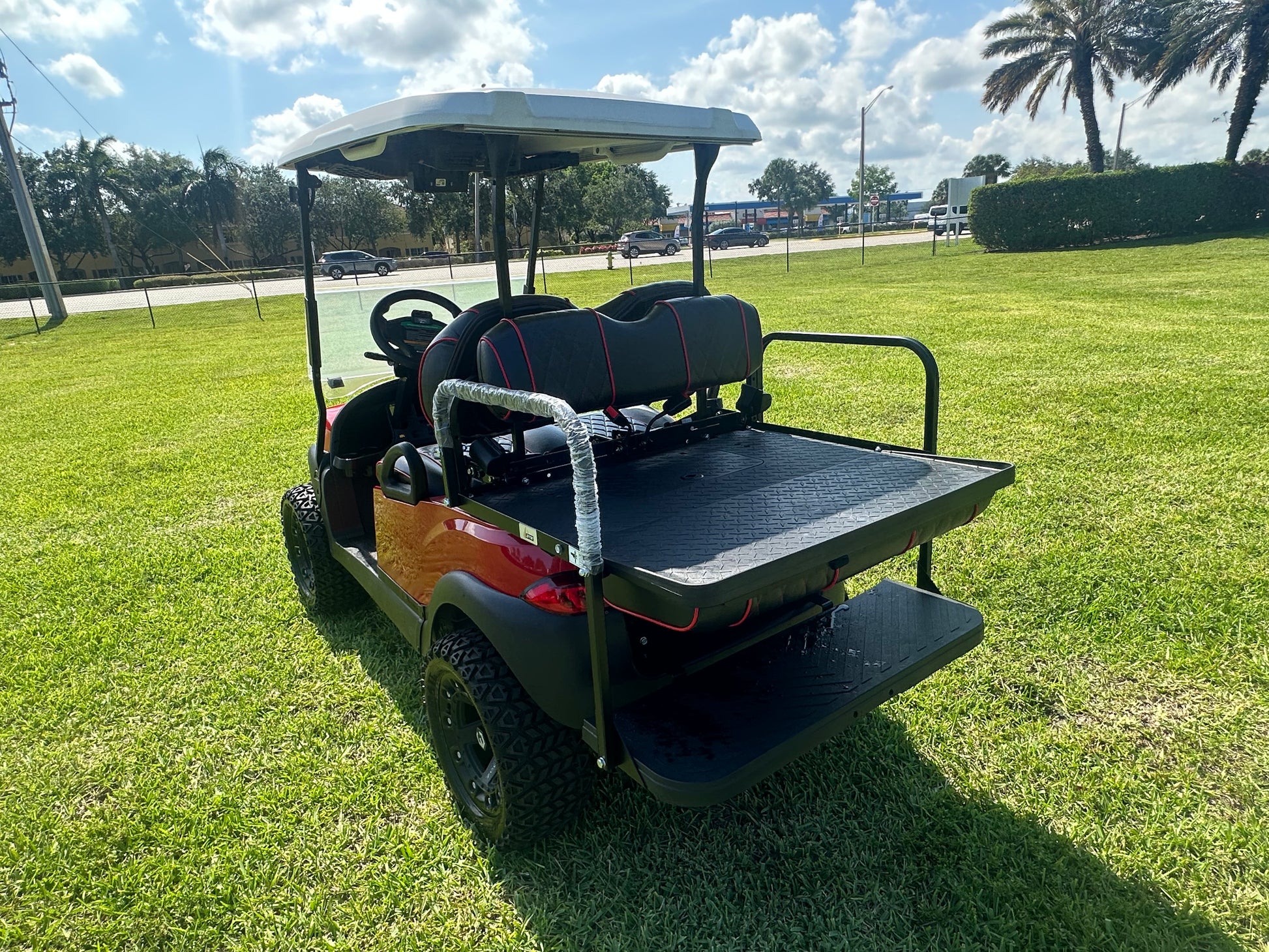 Cutting Edge Golf Carts - 2020 Lamborghini Red Club Car Tempo in Fort Lauderdale, FL. MadJax 6" lift, custom leather seats, rear backseat, Modz wheels, 23" AT tires, MadJax Lux lights, RGB running lights, seatbelts, LED mirrors.



