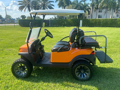 Cutting Edge Golf Carts - 2020 Lamborghini Orange Club Car Tempo in Fort Lauderdale, FL. MadJax 6" lift, custom leather seats, rear fold-down backseat, 14" Modz wheels, 23" AT tires, MadJax Lux lights, RGB running lights, seatbelts, LED mirrors.



